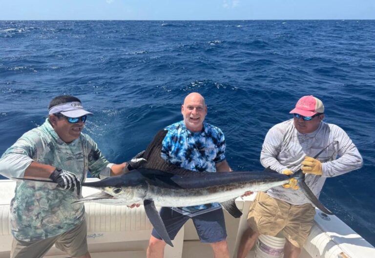 Guest holding Atlantic white marlin before release, 6-hour private fishing charter Puerto Aventuras Riviera Maya